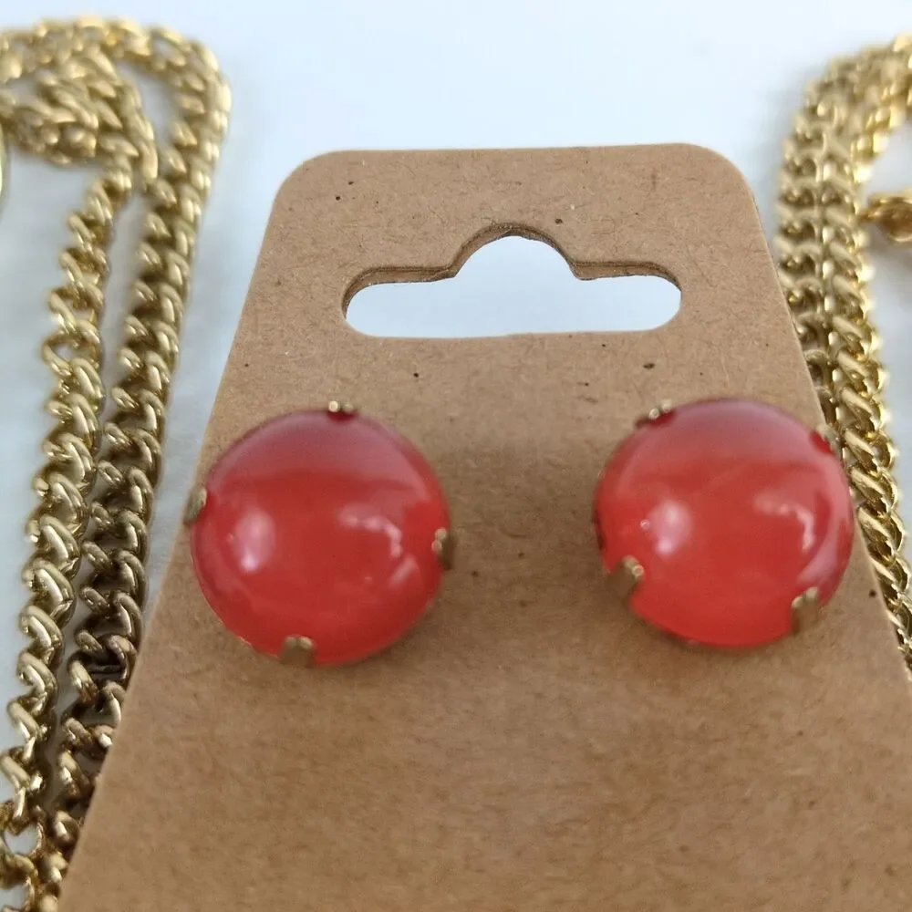 Peach & White Moonstone Goldtone Chain Necklace Earring Set Boho Estate‎ Jewelry